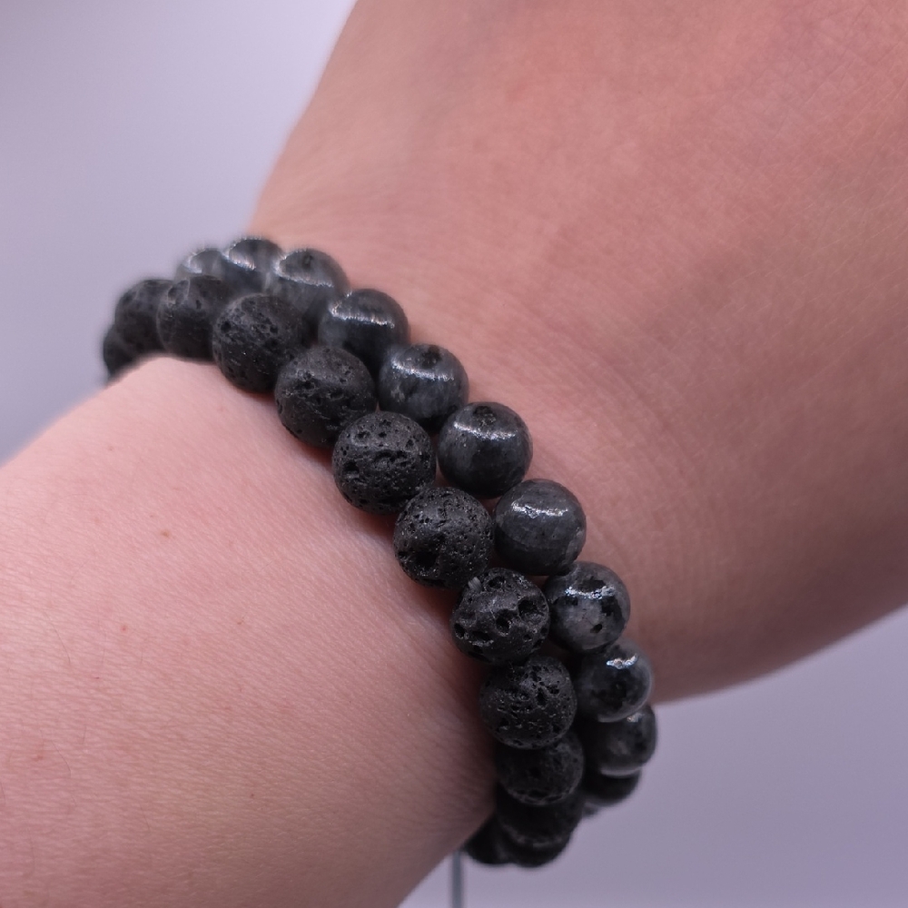 Black Lava Stone and Larvakite Beaded Bracelet Set